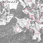 عكس‌ هوايي سال ۱۳۷۳. چند ضلعي‌هاي رسم شده بر روي تصوير نشان‌دهنده‌ي محدوده مستثنيات است.